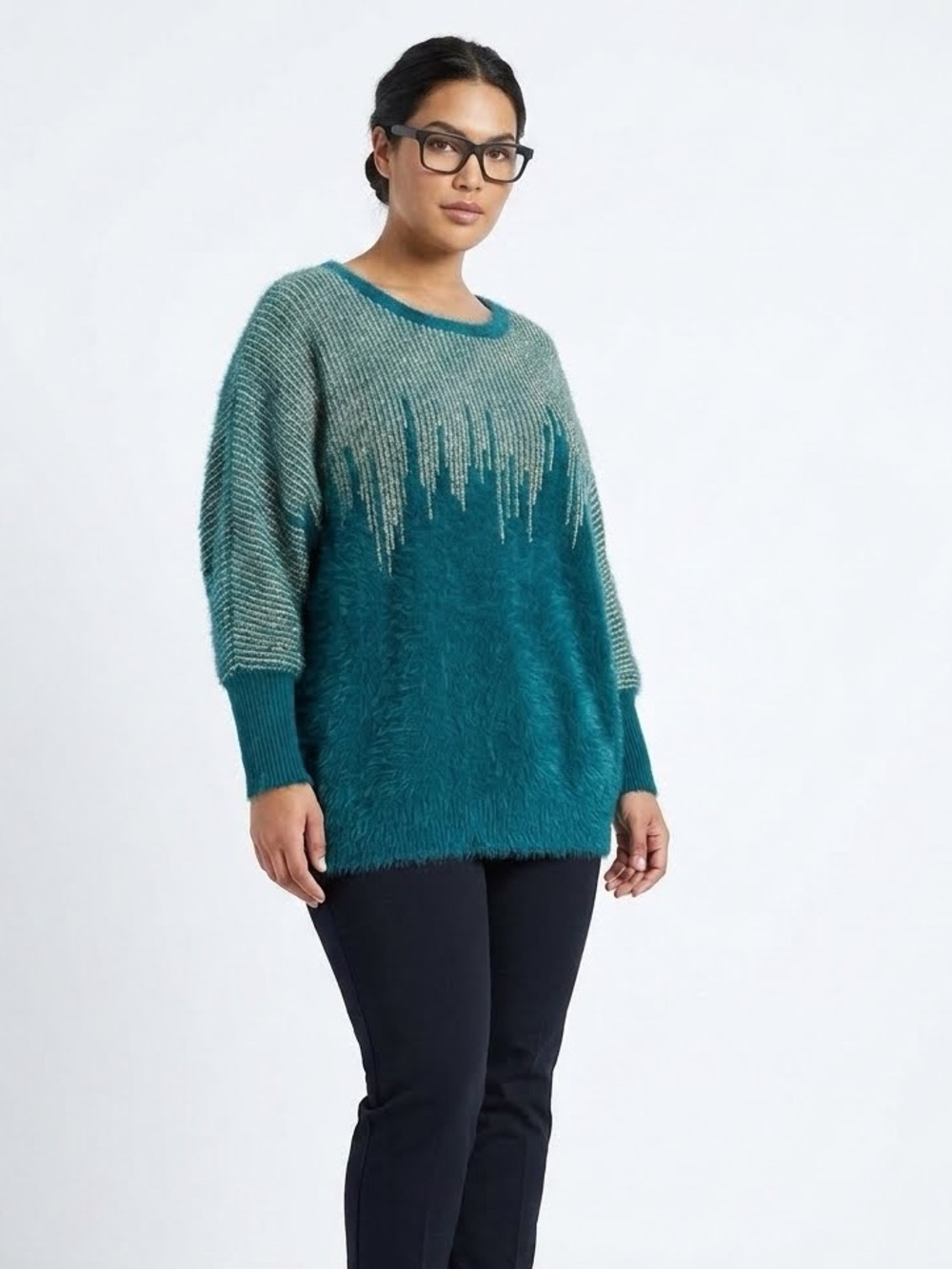 Jennifer Lopez Teal and Metallic Silver Fuzzy Crewneck Sweater Size XXL